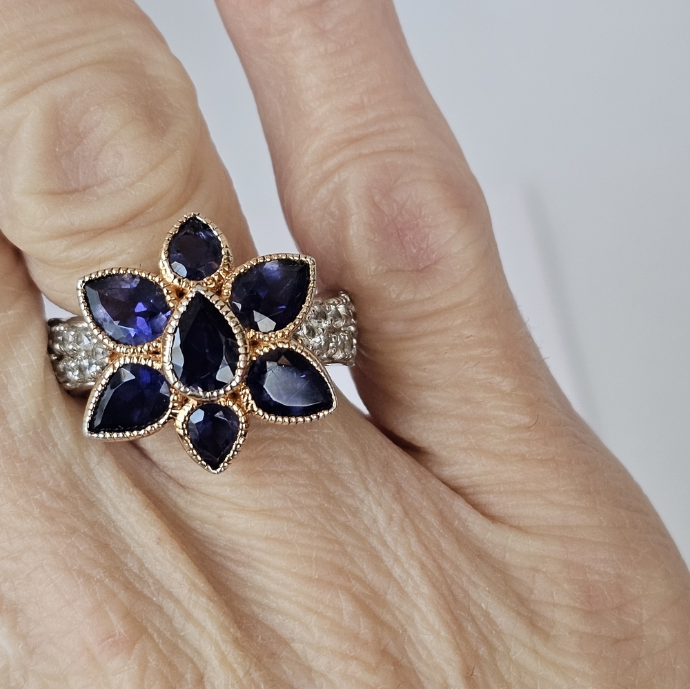 Genuine Iolite & White Zircon Ring Palladium Sterling Silver 18k RG Sz 8 - Picture 7 of 8